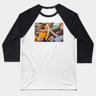 White Starfish On Colorful Seashells Baseball T-Shirt